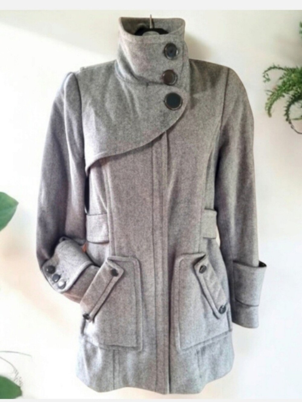 RW&CO Stylish Herringbone Wool Blend Polka Dot Lined Gray Pea Coat Size L